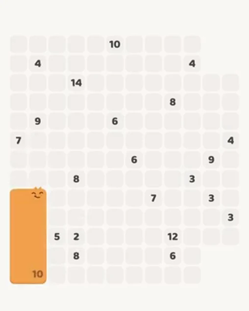 MeowBlock Level 98 after step 1, placing the 10-cell rectangular block at the lower-left area