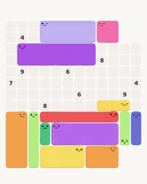 MeowBlock Level 98 after step 13, placing the 10-cell rectangular block at the upper center
