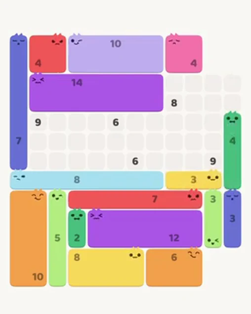 MeowBlock Level 98 after step 17, placing the 4-cell vertical block at the middle-right area
