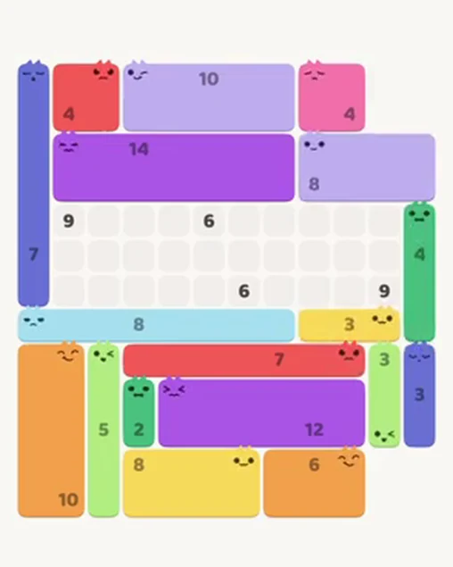 MeowBlock Level 98 after step 18, placing the 8-cell rectangular block at the upper-right area