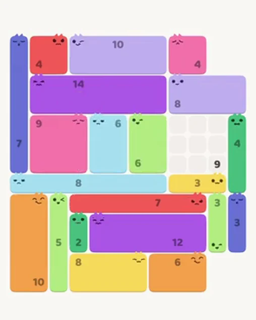 MeowBlock Level 98 after step 21, placing the 6-cell rectangular block at the middle center
