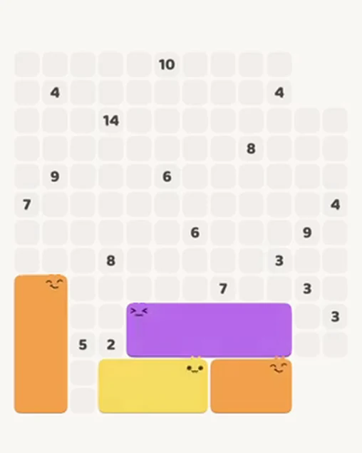 MeowBlock Level 98 after step 4, placing the 12-cell rectangular block at the lower center
