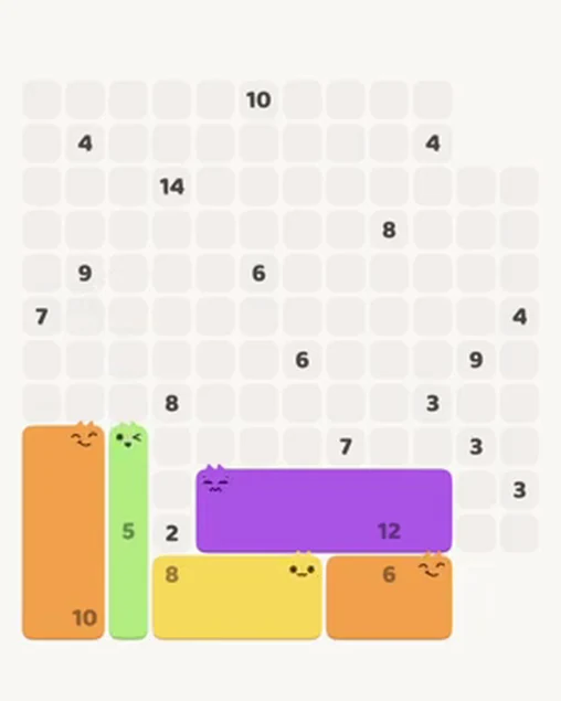 MeowBlock Level 98 after step 5, placing the 5-cell vertical block at the lower-left area