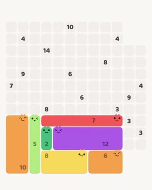 MeowBlock Level 98 after step 7, placing the 7-cell horizontal block at the lower center