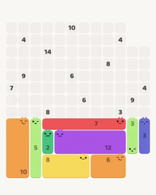 MeowBlock Level 98 after step 9, placing the 3-cell vertical block at the lower-right area