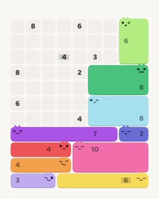 MeowBlock Level 99 after step 10, placing the 6-cell rectangular block at the upper-right area