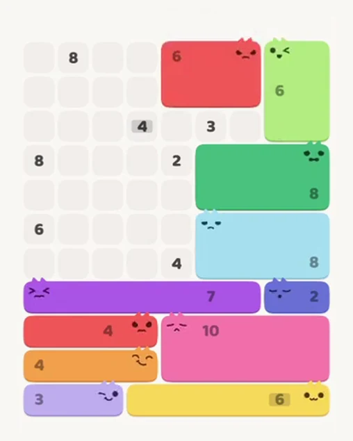 MeowBlock Level 99 after step 11, placing the 6-cell rectangular block at the upper-right area