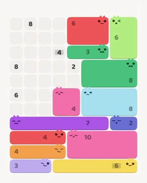MeowBlock Level 99 after step 13, placing the 4-cell square block at the middle center