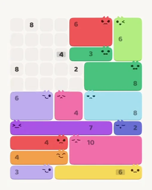 MeowBlock Level 99 after step 14, placing the 6-cell rectangular block at the middle-left area