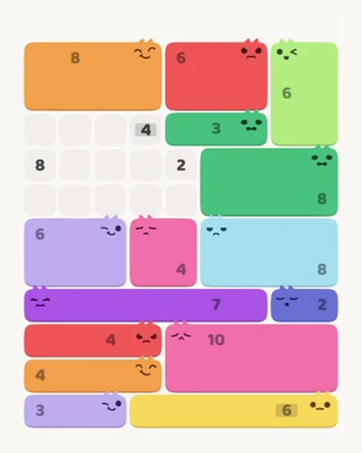 MeowBlock Level 99 after step 15, placing the 8-cell rectangular block at the upper-left area