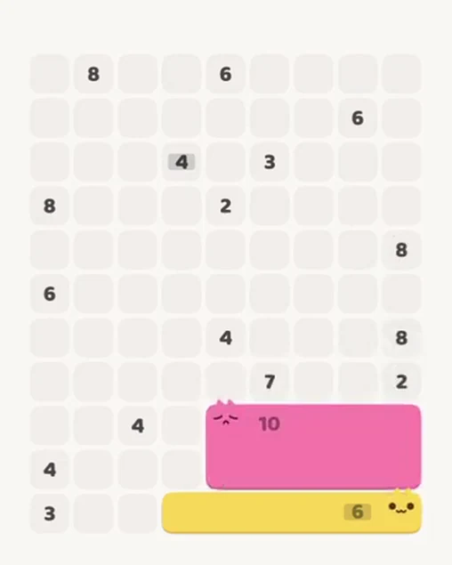 MeowBlock Level 99 after step 2, placing the 10-cell rectangular block at the lower-right area