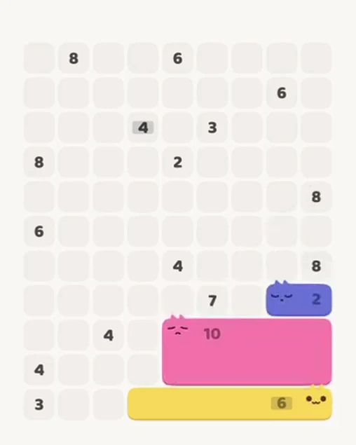 MeowBlock Level 99 after step 3, placing the 2-cell horizontal block at the lower-right area