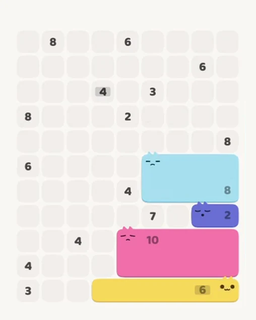 MeowBlock Level 99 after step 4, placing the 8-cell rectangular block at the middle-right area