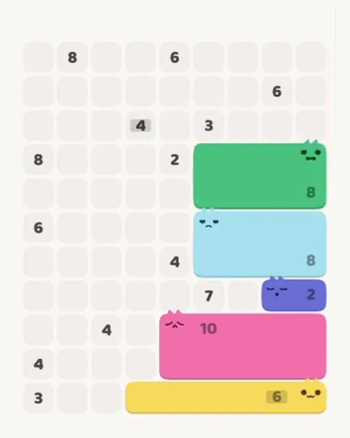 MeowBlock Level 99 after step 5, placing the 8-cell rectangular block at the middle-right area