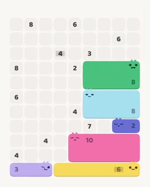 MeowBlock Level 99 after step 6, placing the 3-cell horizontal block at the lower-left area