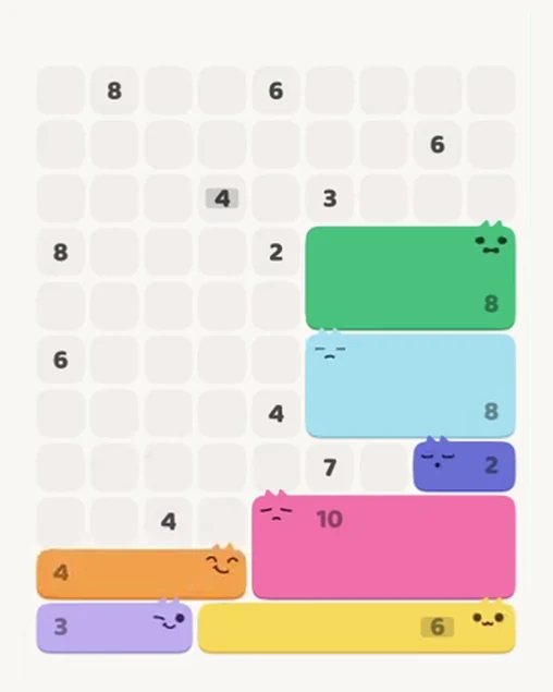 MeowBlock Level 99 after step 7, placing the 4-cell horizontal block at the lower-left area
