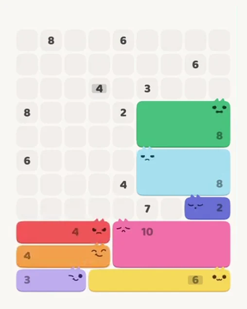 MeowBlock Level 99 after step 8, placing the 4-cell horizontal block at the lower-left area
