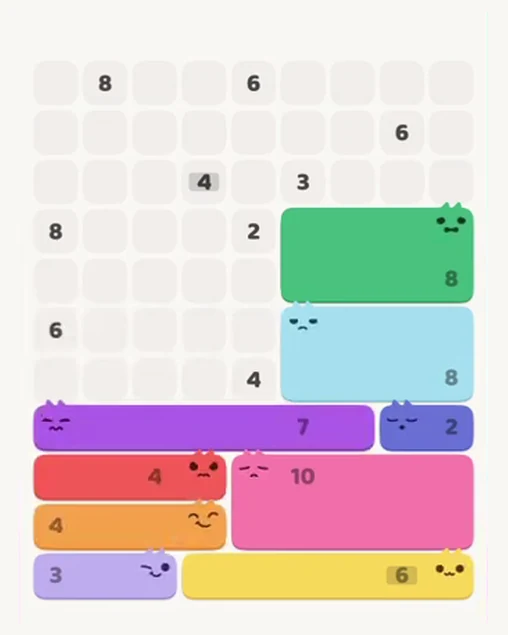 MeowBlock Level 99 after step 9, placing the 7-cell horizontal block at the lower center